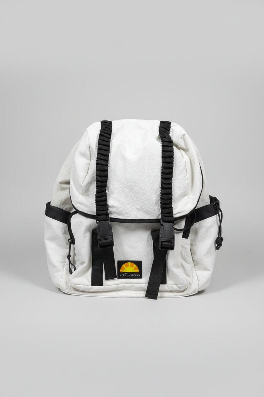 C&C California White Crinkle Nylon Backpack Sunburst Logo Daypack